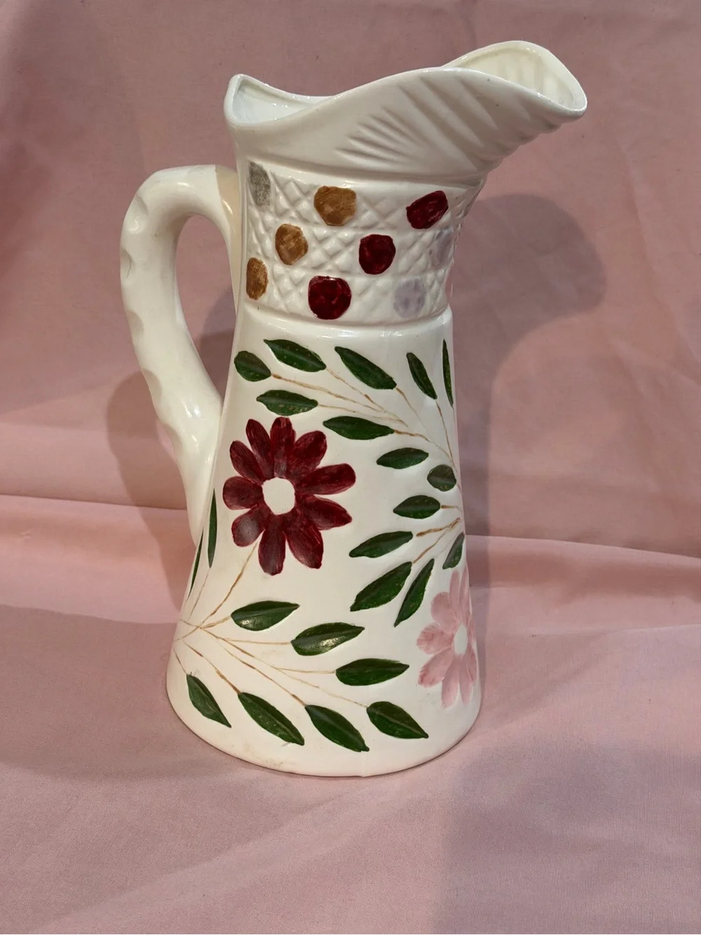 Vintage Hand-Painted Floral Ceramic Pitcher- Cottage core Home Decor